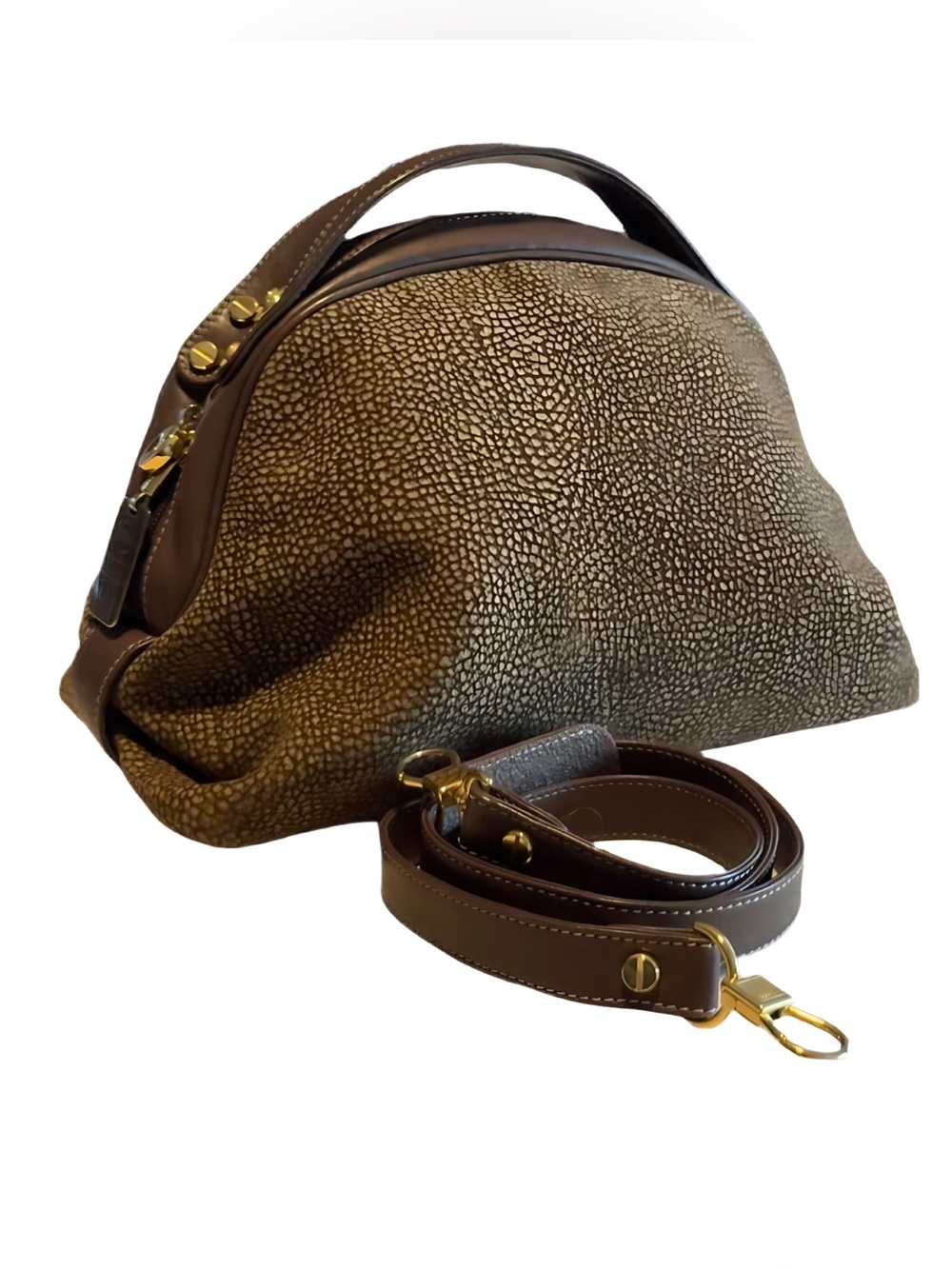 Borbonese Redwall Quail print Dome Potato satchel, Italian lux, partridge-eye